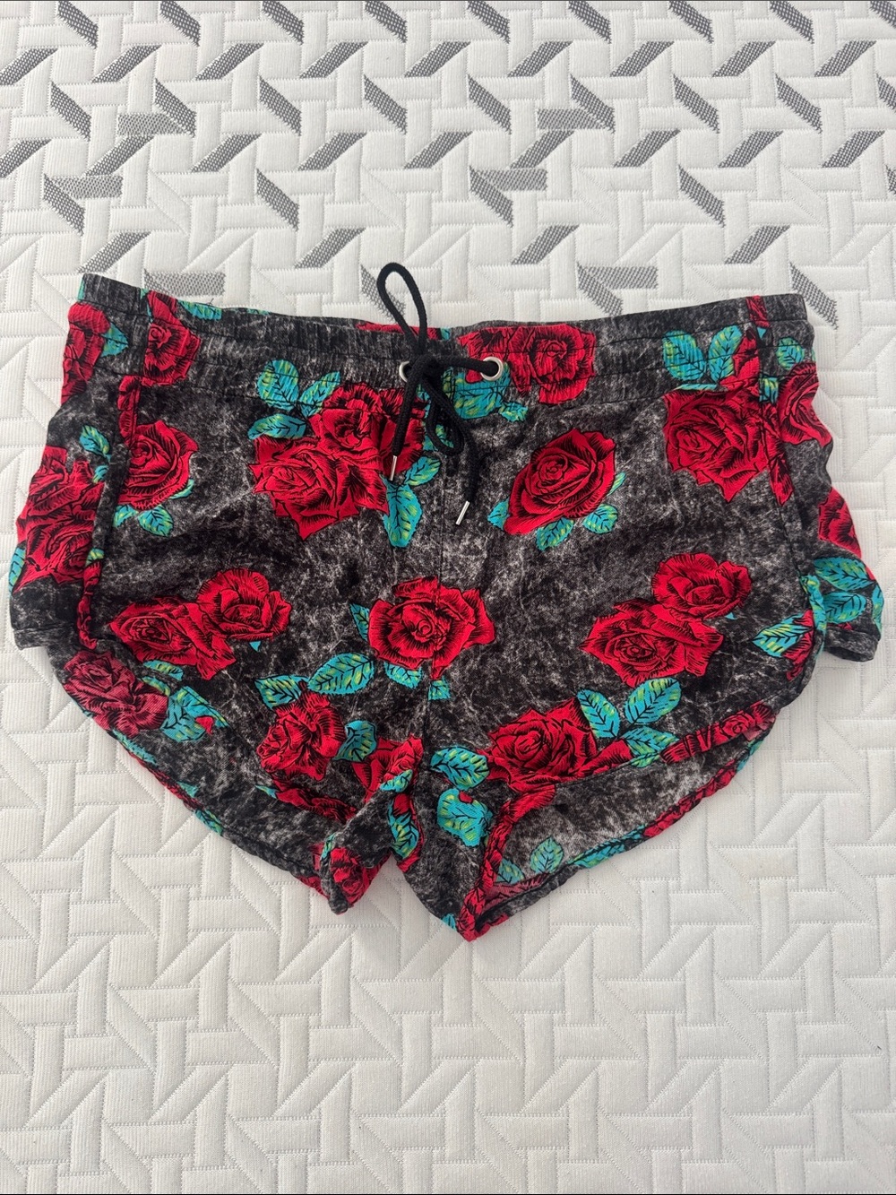 Rusty Black Floral Rose Lounge Shorts with Teal Leaves
